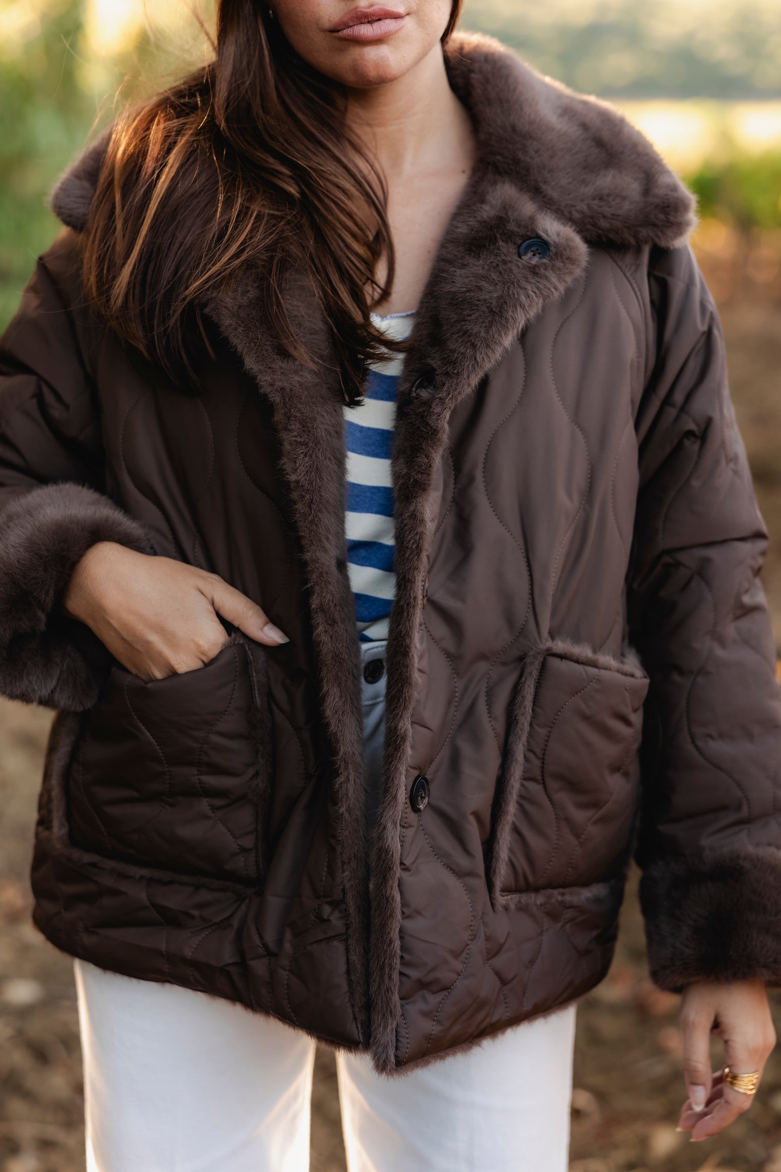 REVERSE BROWN FAUX-FUR JACKET